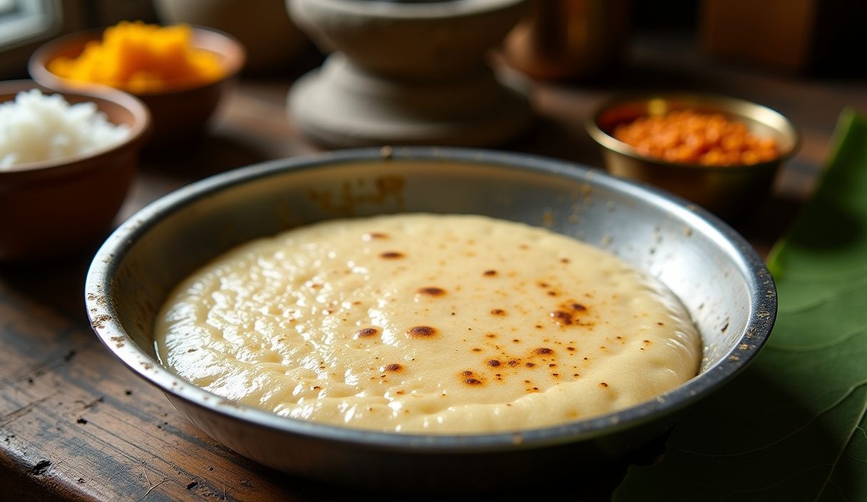 Steel bowl of risen bubbly dosa batter beside bowls of soaked rice and urad dal on a kitchen counter