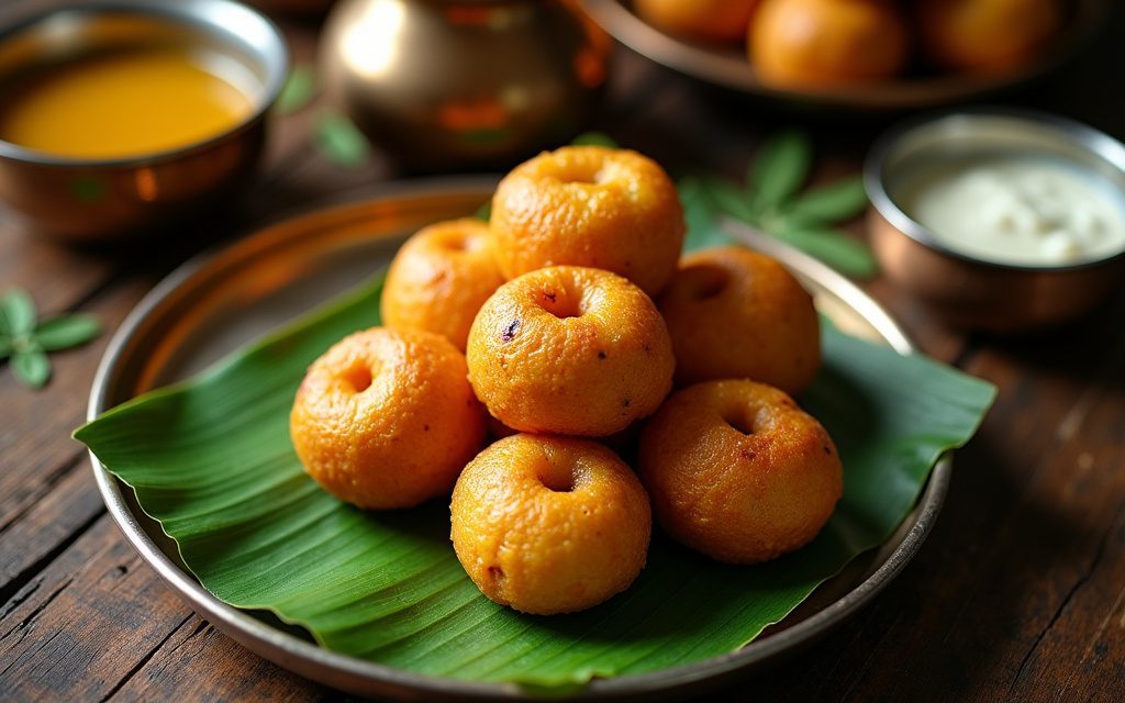 Golden crisp medu vada with visible holes stacked on a banana leaf with coconut chutney and sambar