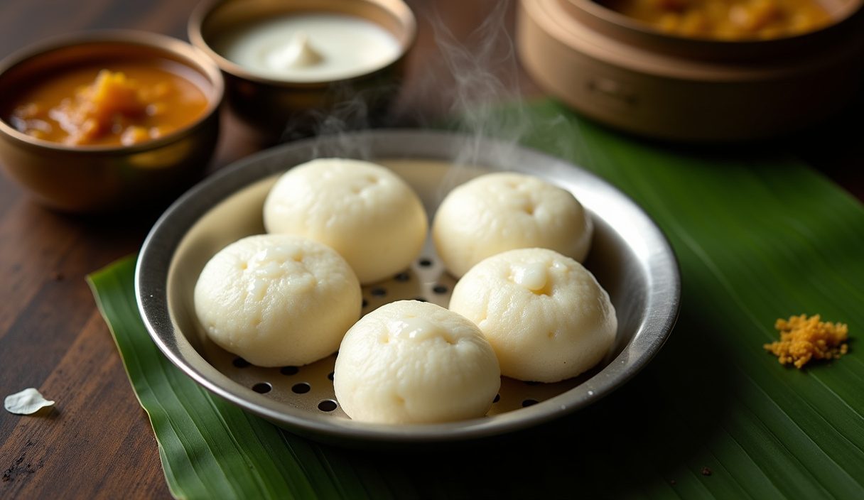 Freshly steamed white idli in a steel idli plate with coconut chutney and sambar alongside