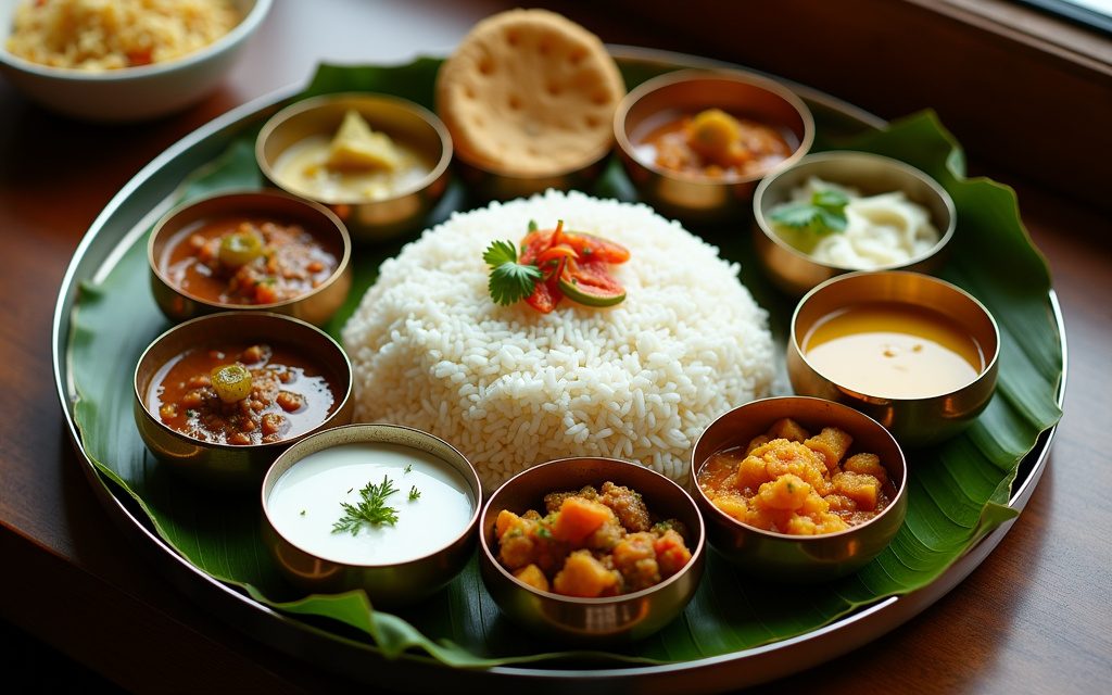 South Indian thali on a steel plate with bowls of sambar, rasam, curd and poriyal around white rice